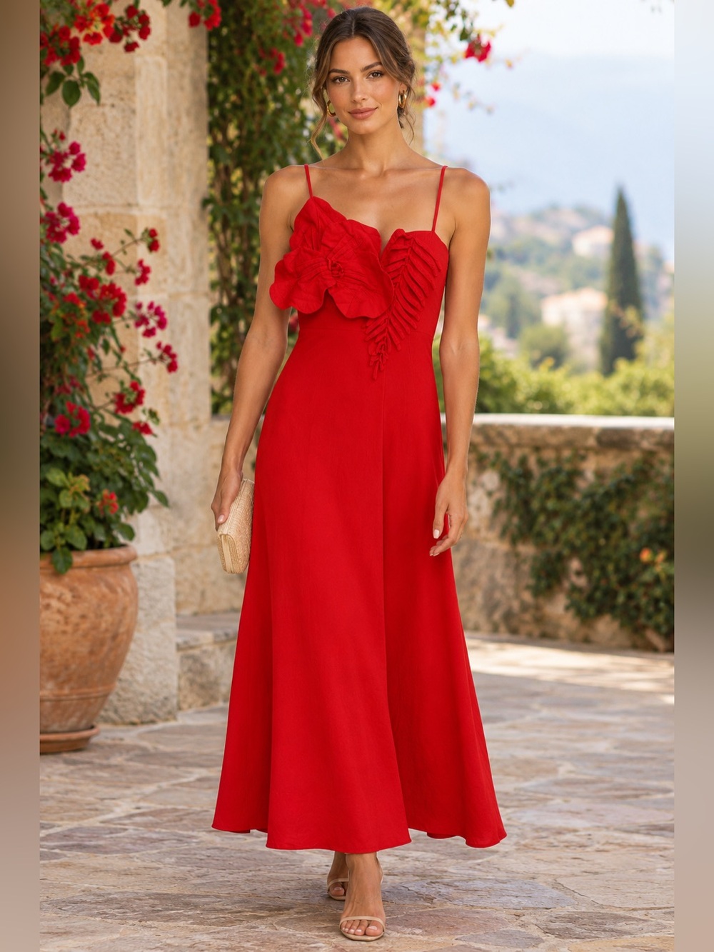 FARM Rio Red Spaghetti-Strap Midi Dress with Floral Applique